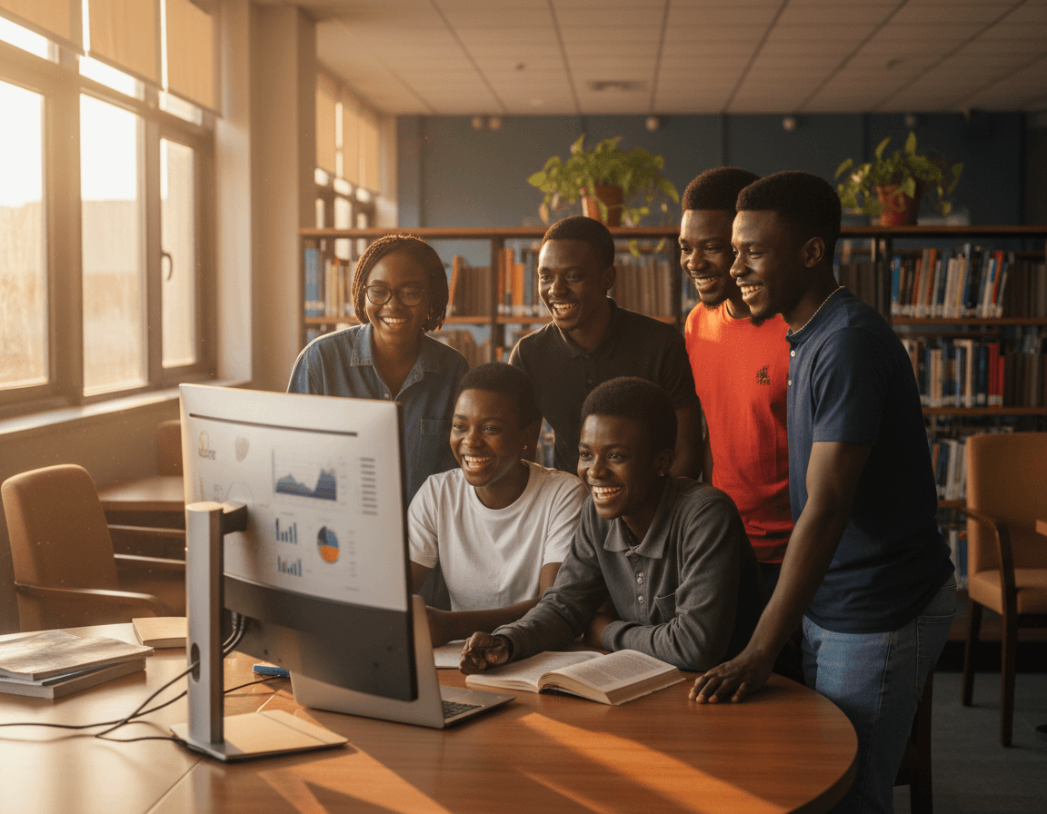 Students collaborating around a computer in a study space